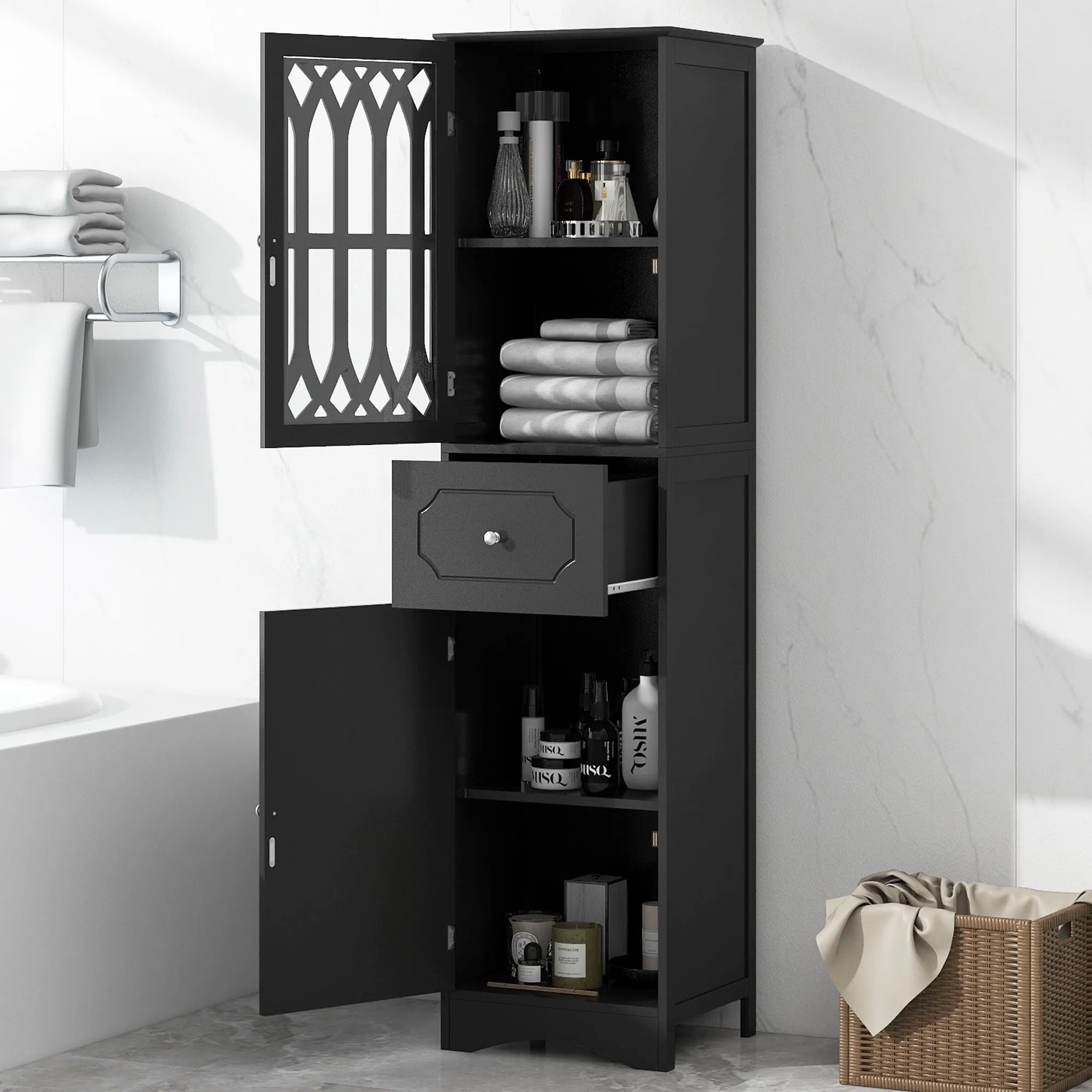 everyday 63.8" Tall Bathroom Cabinet, Freestanding Storage Cabinet with Drawer, 2 Doors and Adjustable Shelf, Black