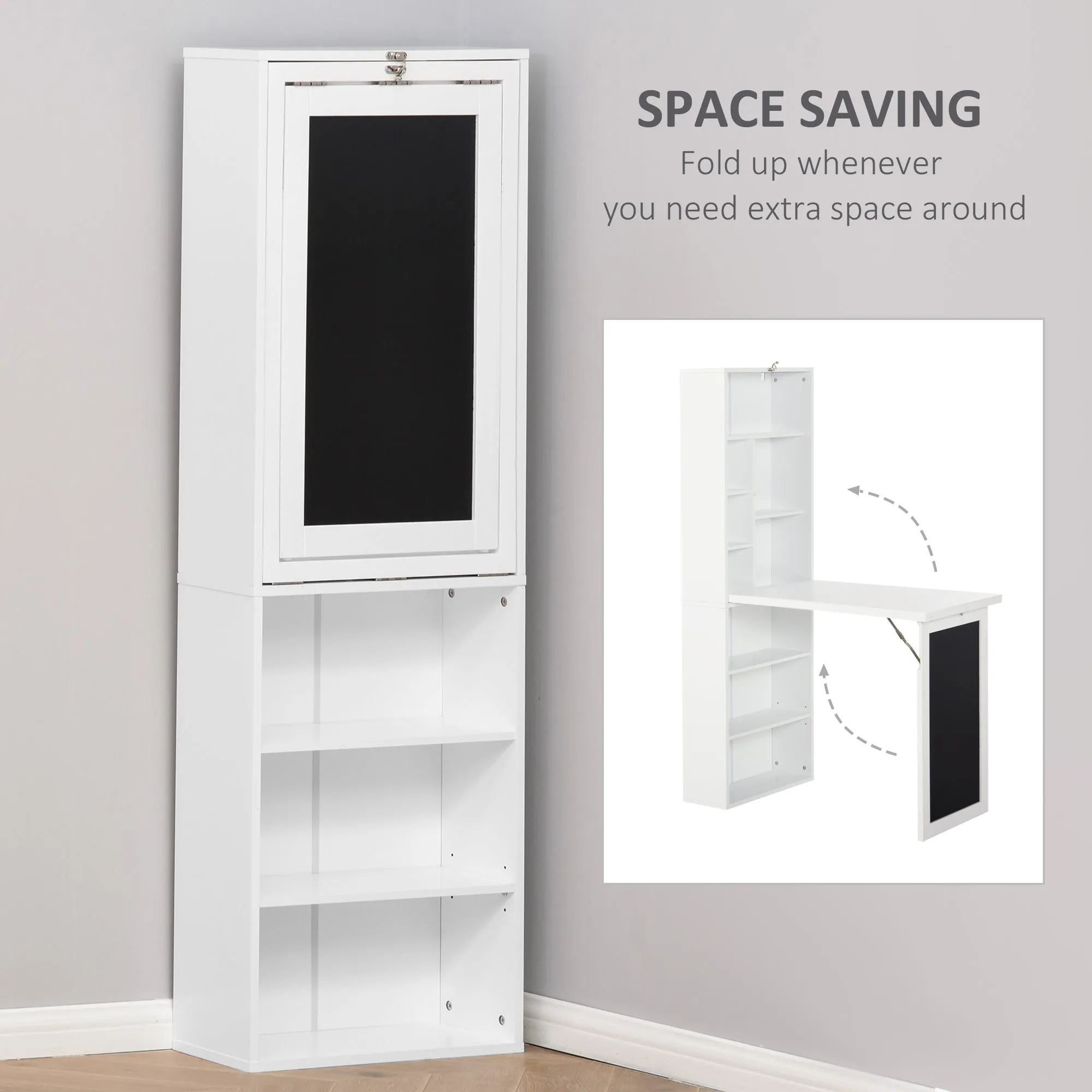 Fold-out Convertible Writing Desk Wall Mount Cabinet with Blackboard and Side Shelf Multi-Function Home Office Workstation, White