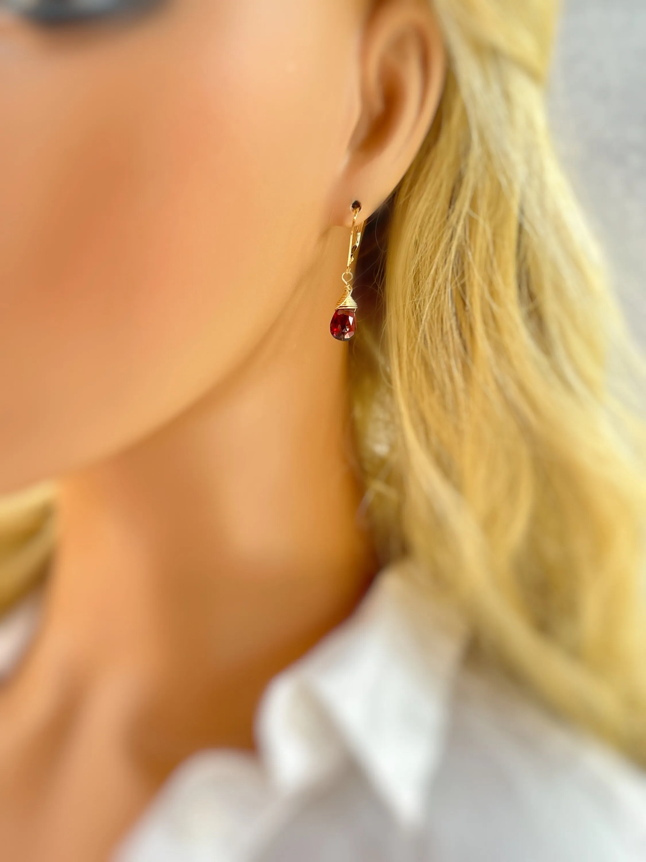 Garnet Earrings 14k Gold fill, Sterling Silver Teardrop Leverbacks