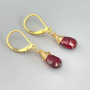 Garnet Earrings 14k Gold fill, Sterling Silver Teardrop Leverbacks