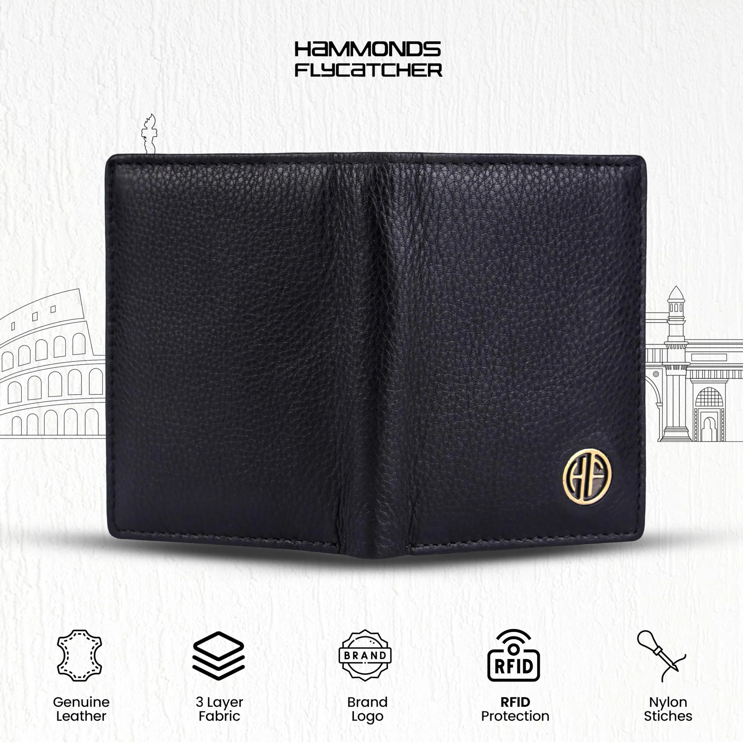 HAMMONDS FLYCATCHER Genuine Leather Card Holder for Men, Credit Card Holder, Slim Bi-Fold RFID Protected Credit Card Wallet for Men with 6 Card Slots, 1 Currency Slot, Metal Snap Button - Black