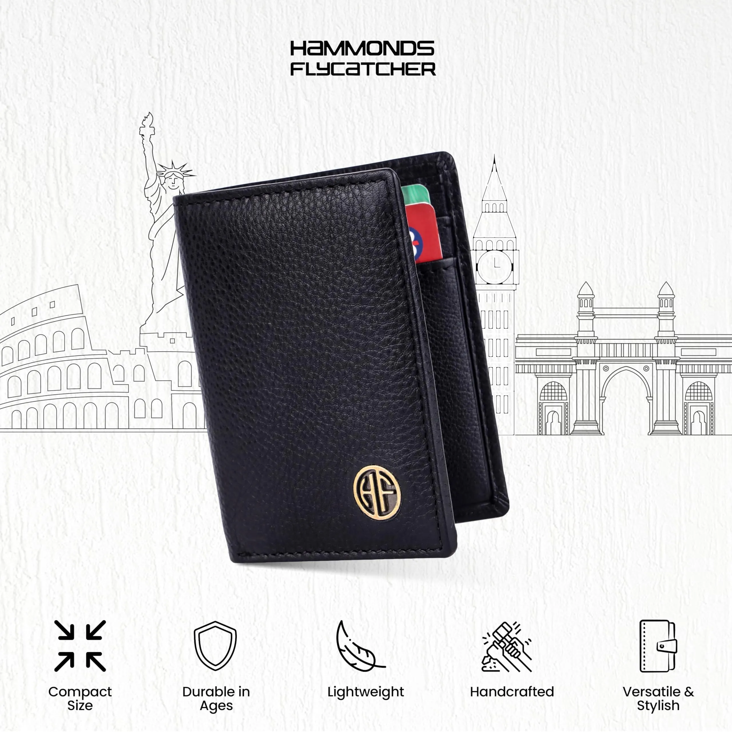 HAMMONDS FLYCATCHER Genuine Leather Card Holder for Men, Credit Card Holder, Slim Bi-Fold RFID Protected Credit Card Wallet for Men with 6 Card Slots, 1 Currency Slot, Metal Snap Button - Black