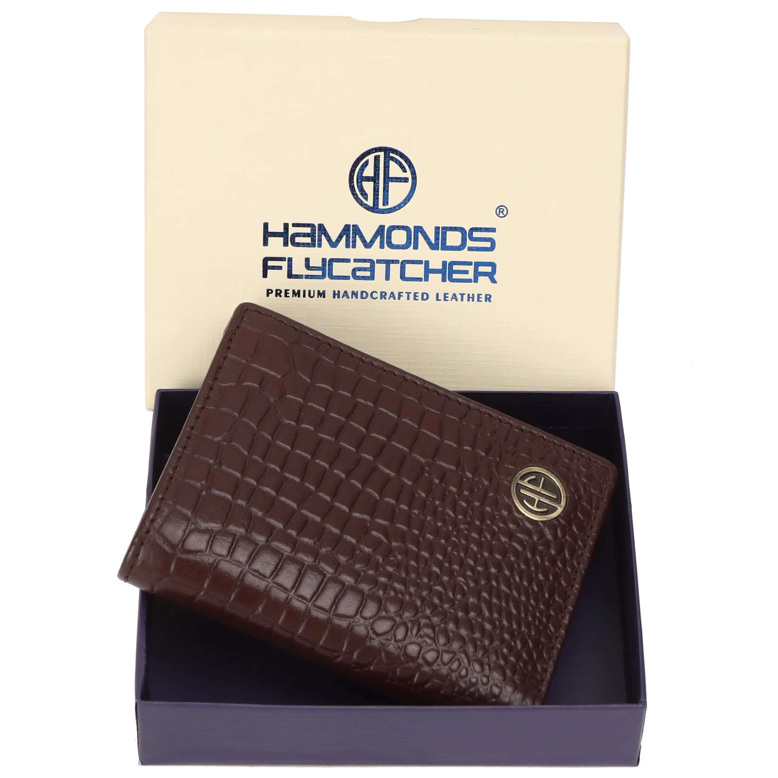 HAMMONDS FLYCATCHER Genuine Leather Wallet for Men, RFID Protected Leather Purse for Men, Money Purse for Men, Tri-Fold Wallet, 5 Card Slots, 2 ID Slots, Hidden Pockets, Metal Snap Button, Croc Brown