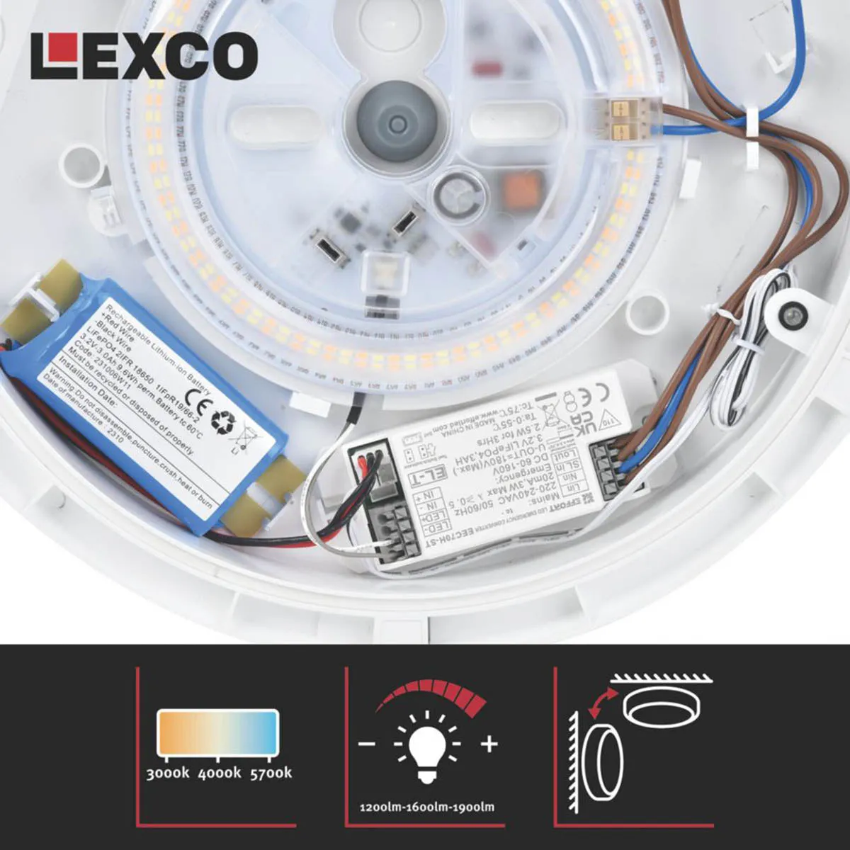 Lexco Pegasi Indoor Maintained or Non-Maintained Emergency Round LED Bulkhead White 19W 1200-1900lm