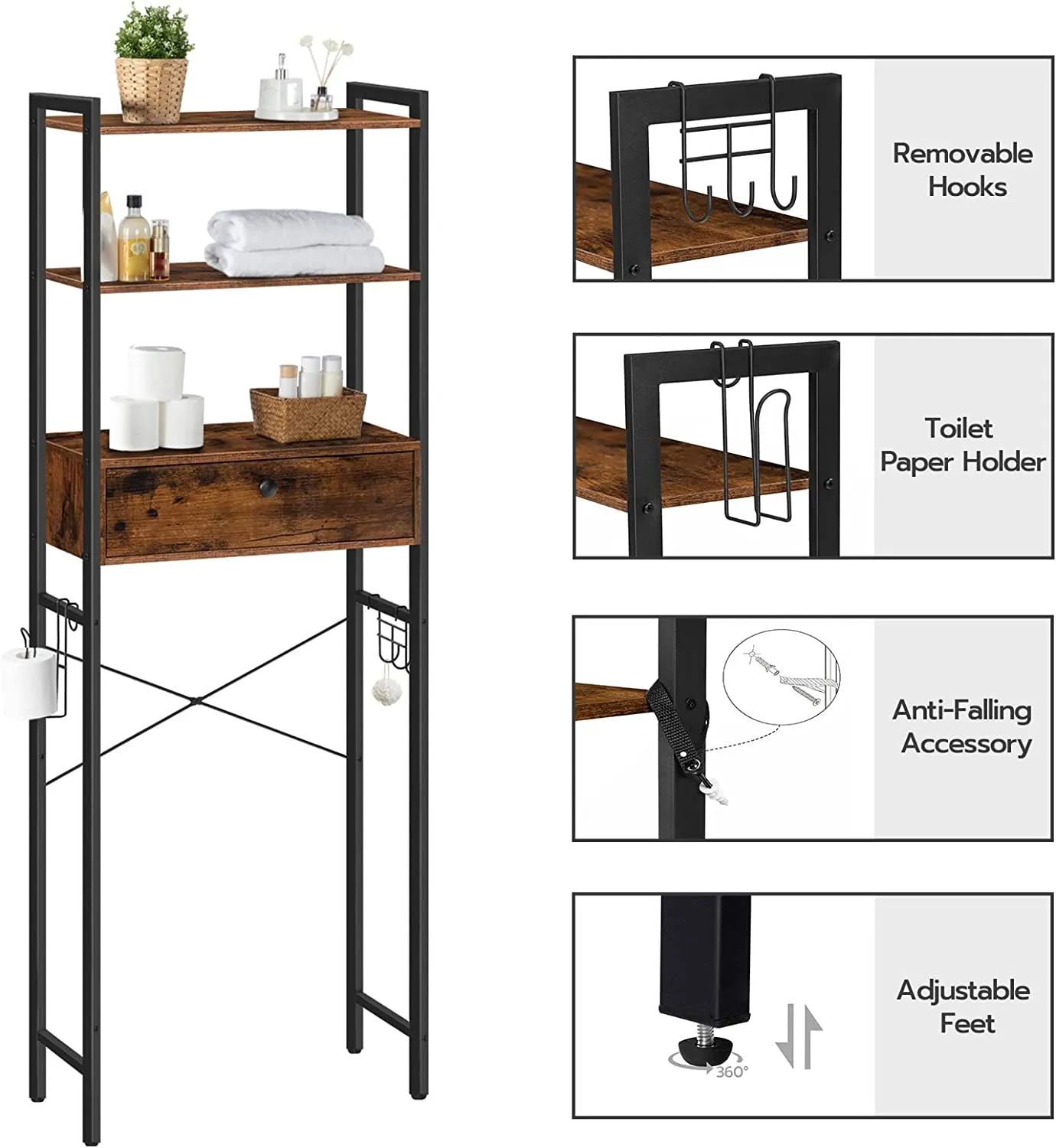Over The Toilet Storage, 3 Tier Bathroom Organizer Shelf with Drawers, Freestanding Bathroom Space Saver