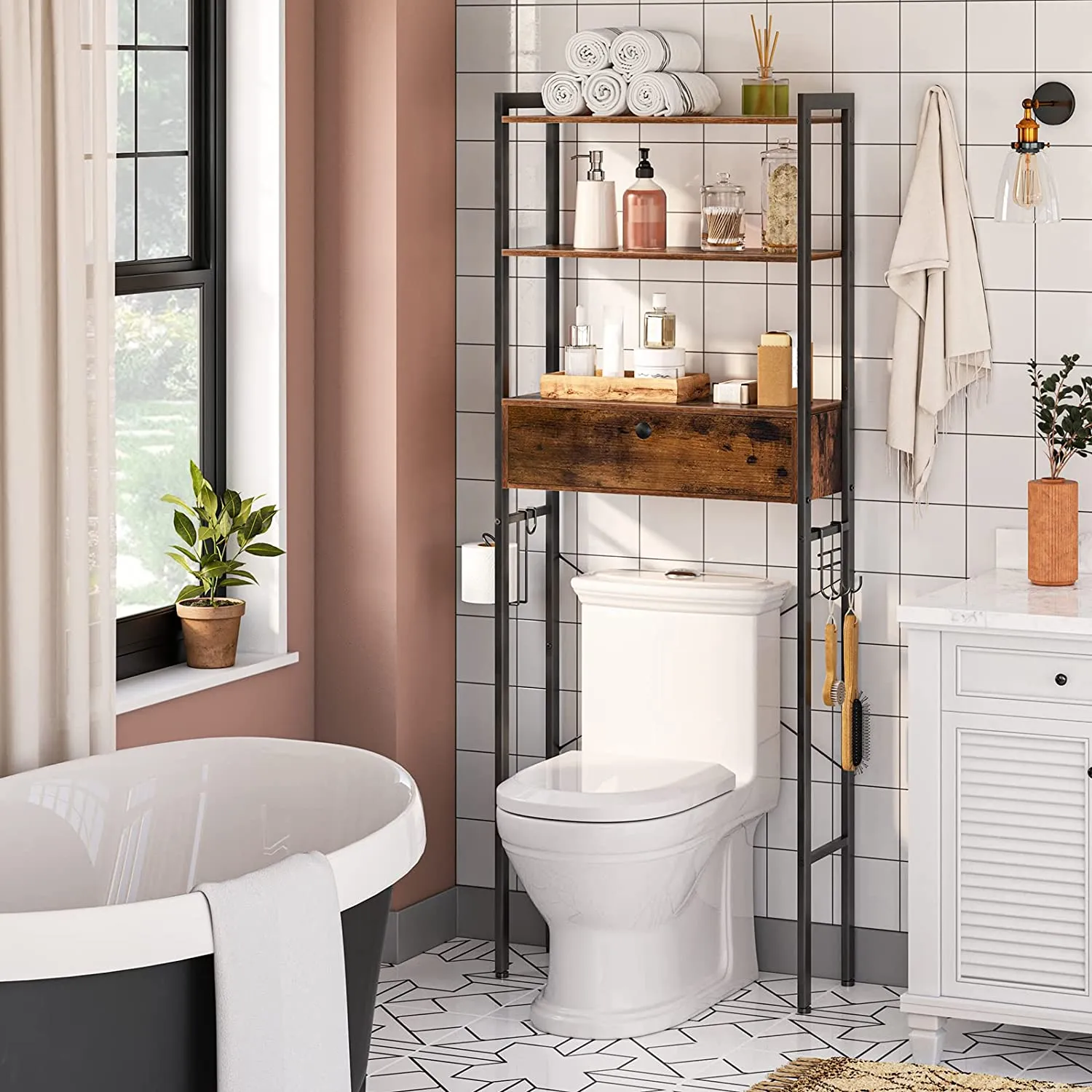 Over The Toilet Storage, 3 Tier Bathroom Organizer Shelf with Drawers, Freestanding Bathroom Space Saver