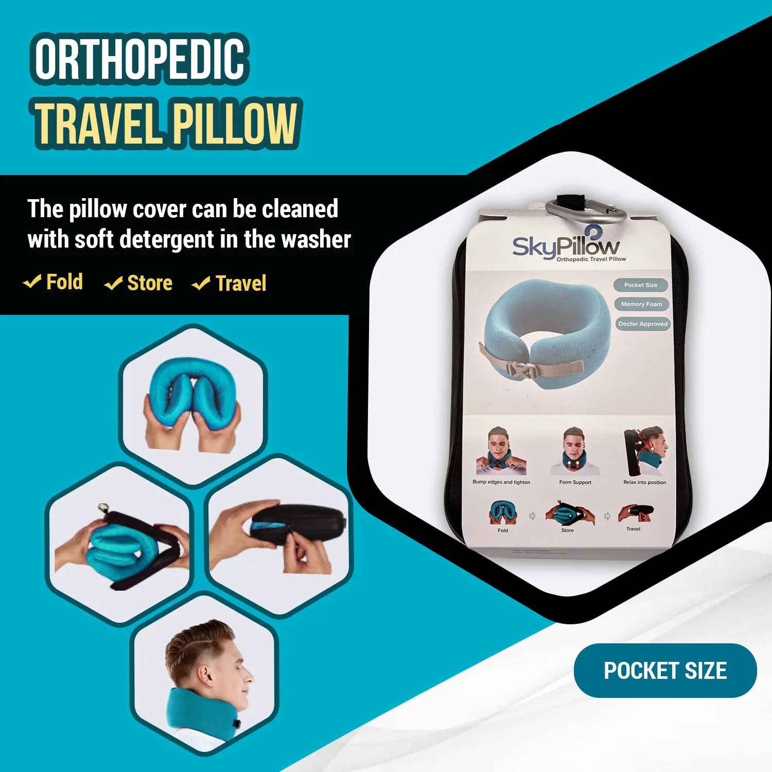 Skypillow's Neck Travel Pillow: Orthopedic, Memory Foam, Washable Cover, Carrying Case, Clip-Bid Farewell to Neck Cramps and Posture Woes!